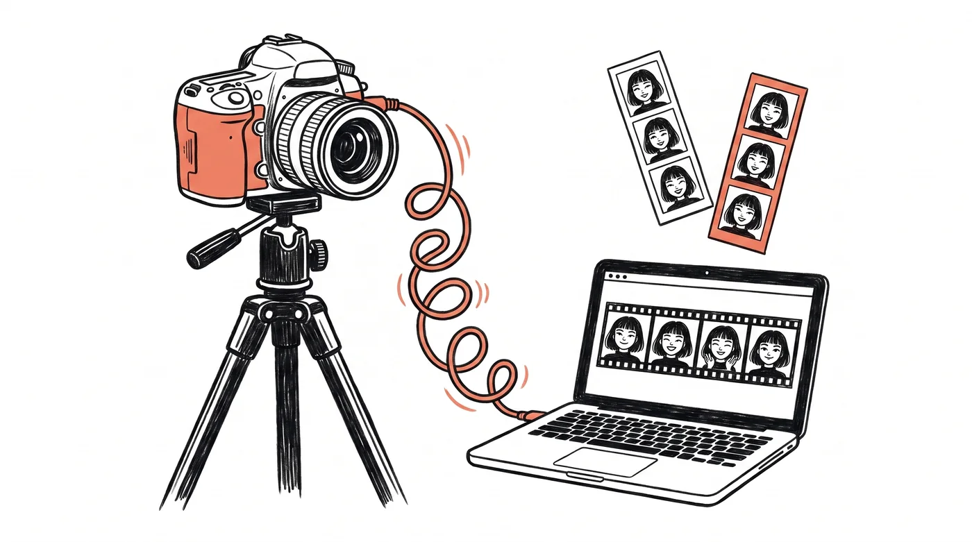 Ink illustration of a DSLR camera on a tripod tethered to a laptop running photo booth software