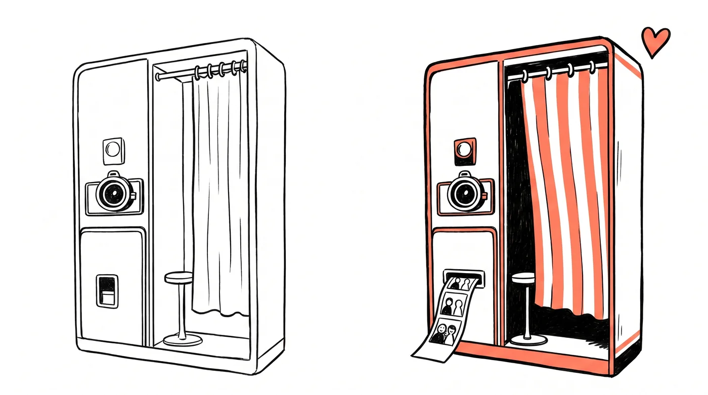 Ink illustration comparing two photo booths, one plain and one with coral accents and a heart
