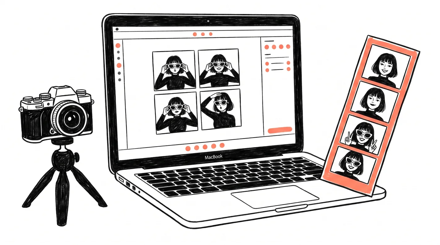 Ink illustration of a MacBook running photo booth software next to a camera and a photo strip