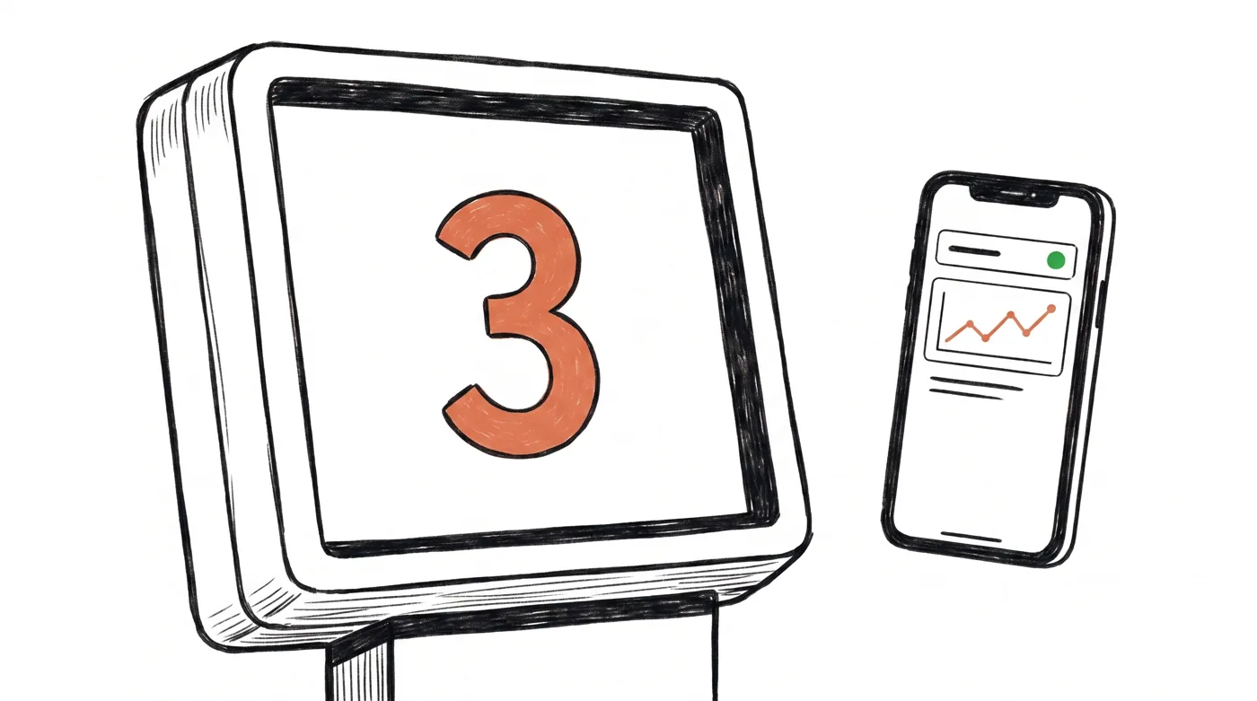 Ink illustration of a photo booth kiosk screen with a countdown, next to a phone showing booth status