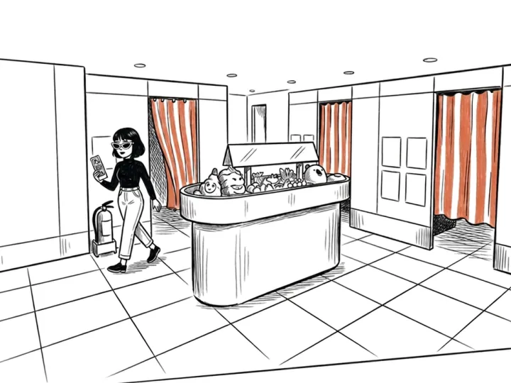 Illustration of a photobooth store with several booths in a mall