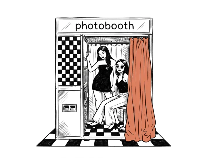 Illustration of two friends posing in a classic photobooth
