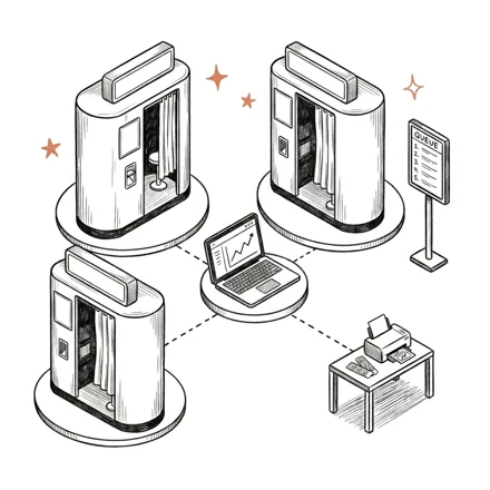 Illustration of three photobooths connected to one dashboard