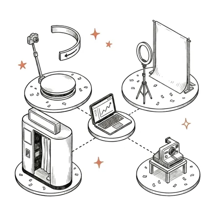 Illustration of event photobooth formats — 360 booth, glam booth, and more